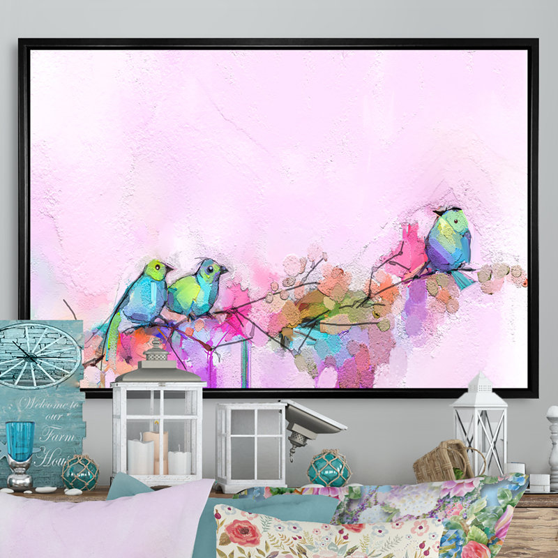 Pinceau rose et oiseaux mauves - reproduction sur toile avec cadre flottant, H 8 po x l 12 po x P 1 po, Cadre flottant noir