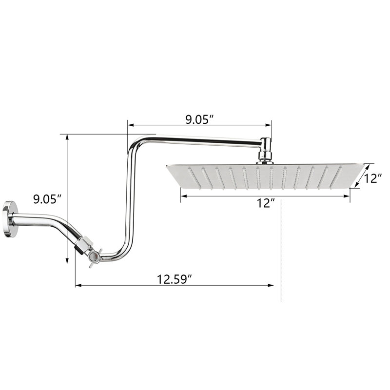 12" Square Showerhead With Adjustable Extension Arm - Stainless Steel, Low Maintenance, Bathroom Accessory Steel Build, Low- Compatible,