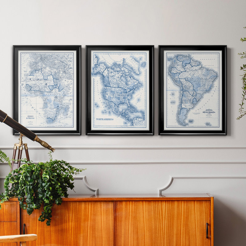 «Afrique dans les tons de bleu», ensemble de 3 impressions sur toile encadrées, Cadre noir, H 26,5 po x l 109,5 po x P 1,5 po