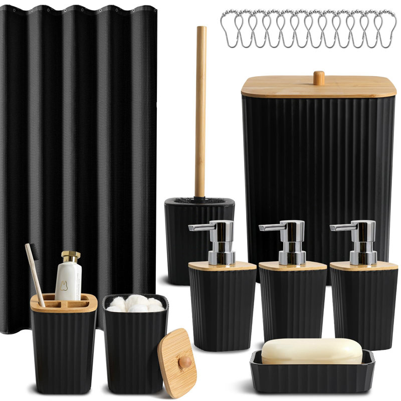Ensemble de salle de bain noir, ensembles de rideau de douche avec crochets 21 pièces, ensemble de salle de bain avec poubelle, ensemble d'accessoires de salle de bain complet avec ensemble de rideau de douche, ensemble de distributeur de savon de salle 