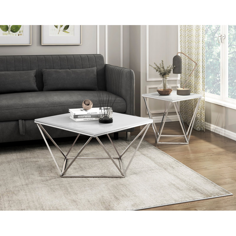 Modern White Sintered Stone Top End Table With Stainless Steel Frame