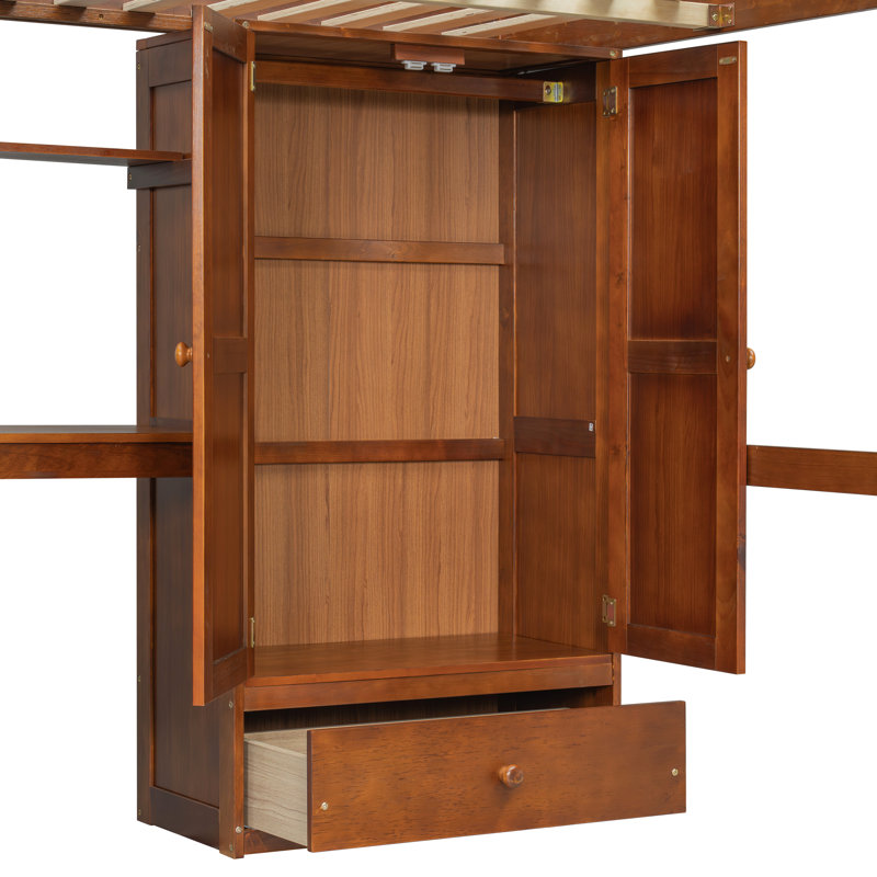 Full Size Loft Wood Bed With Desk, Book Shelves And Wardrobe With Doors And Drawer, Built-In Staircase With Storage Shelves, Loft Bed With Safety Guardrails And Solid Slats,Walnut