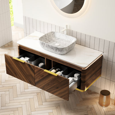 Meuble-lavabo de 48 po en noyer foncé avec lavabo en céramique à motif de marbre, grands tiroirs de rangement et éclairage à détection automatique avec comptoir en pierre frittée, armoire en contreplaqué multicouche, fermeture en douceur