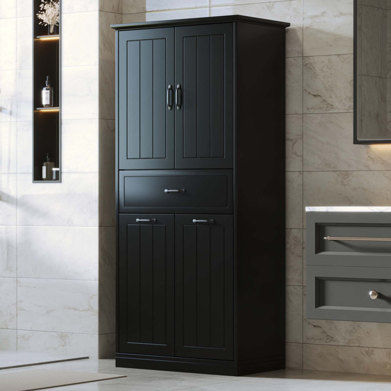Armoire de rangement pour salle de bain avec deux paniers à linge, Noir