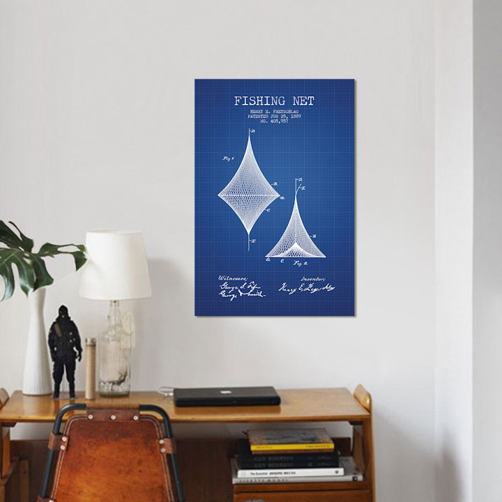 « h.e. freyschlag fishing net brevet croquis », impression sur toile, H 26 po x l 18 po x P 1,5 po, Toile tendue