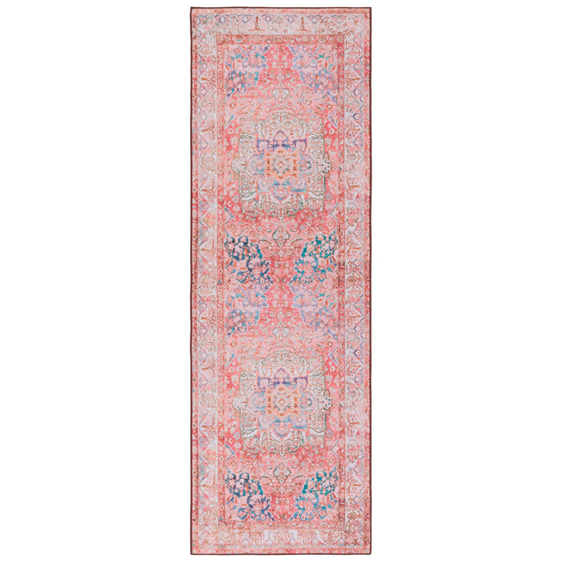 Tucson Oasis Washable Rug Non-Slip Area Rug in Pink & Beige, Runner 76 x 244 cm