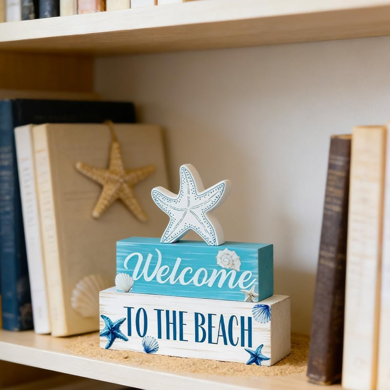 Décor de bloc de bois de plage côtière, étoile de mer superposée et coquillage à la table de plage, décoration pour maison à thème océanique, manteau de cheminée, tablette et décor de maison de campagne côtière
