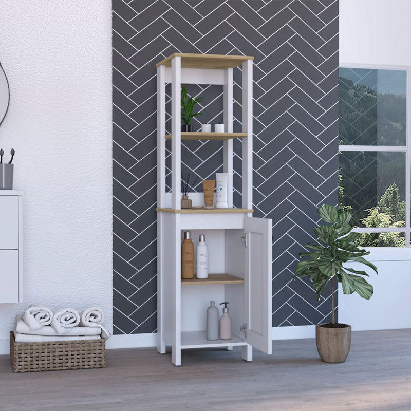 Armoire à linge Jannès, deux tablettes ouvertes, une porte, finition chêne clair / blanc, Chêne clair