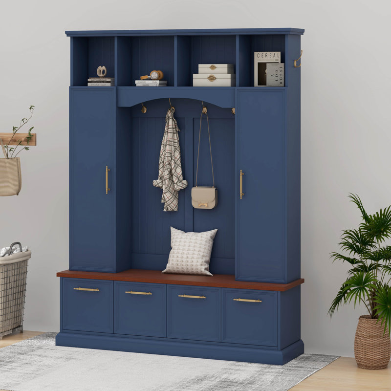 Farmhouse Hall Tree With Golden Hooks & Bench, Adjustable Shelves