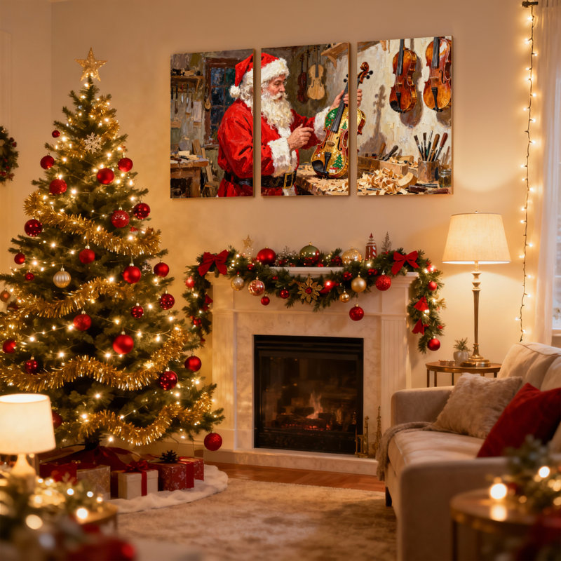 Père Noël de Noël fabriquant un violon dans un atelier, ensemble de 3 impressions sur toile, H 30 po x l 60 po