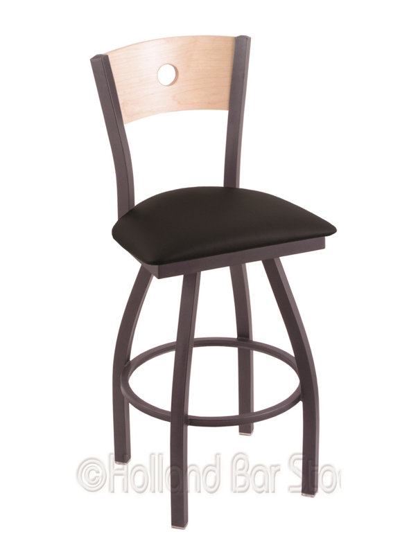 Tabouret pivotant Voltaire, Érable moyen, Noir froissé, Siège en vinyle noir / dossier en érable naturel
