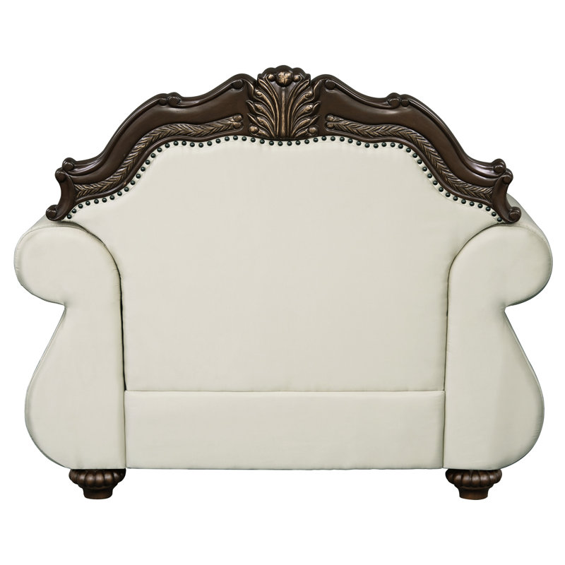 Chaise en tissu beige avec finition cerisier et coussin décoratif attrayant - capacité de poids de 220 lb, densité de la mousse D25 / d30, largeur / profondeur du siège de 25 po, hauteur de 21 po, dossier des accoudoirs de 29 po, look élégant et confort
