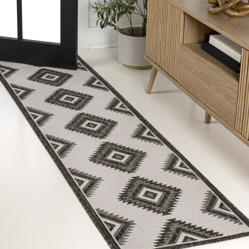 Caherty Geometric Moroccan Diamond Black/Cream Indoor/Outdoor Rug, Runner 2' x 7'10"