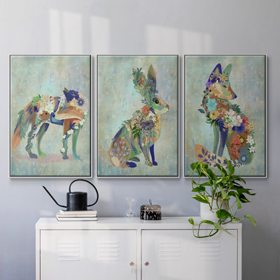Fantastic Florals Fox, assis, impression sur toile 3 pièces