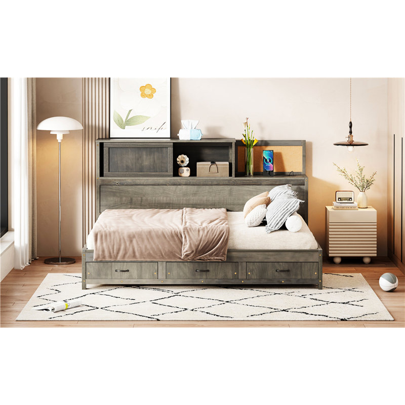 Full Size Wooden Daybed In Gray, Featuring 3 Storage Drawers, Shelf, And Nearby Outlets Offering Integrated Power, Gray, Full