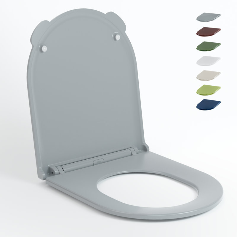  D Shape Toilet Seat with Hinge Covers Blue Soft Close Heavy-Duty Duroplast Quick Release, Dark Grey 