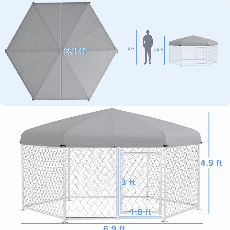 Chenil d'extérieur pour chien moyen - 6,9 pi x 6,1 pi 4,9 pi, toit imperméable, porte verrouillable, niche pour chien argentée