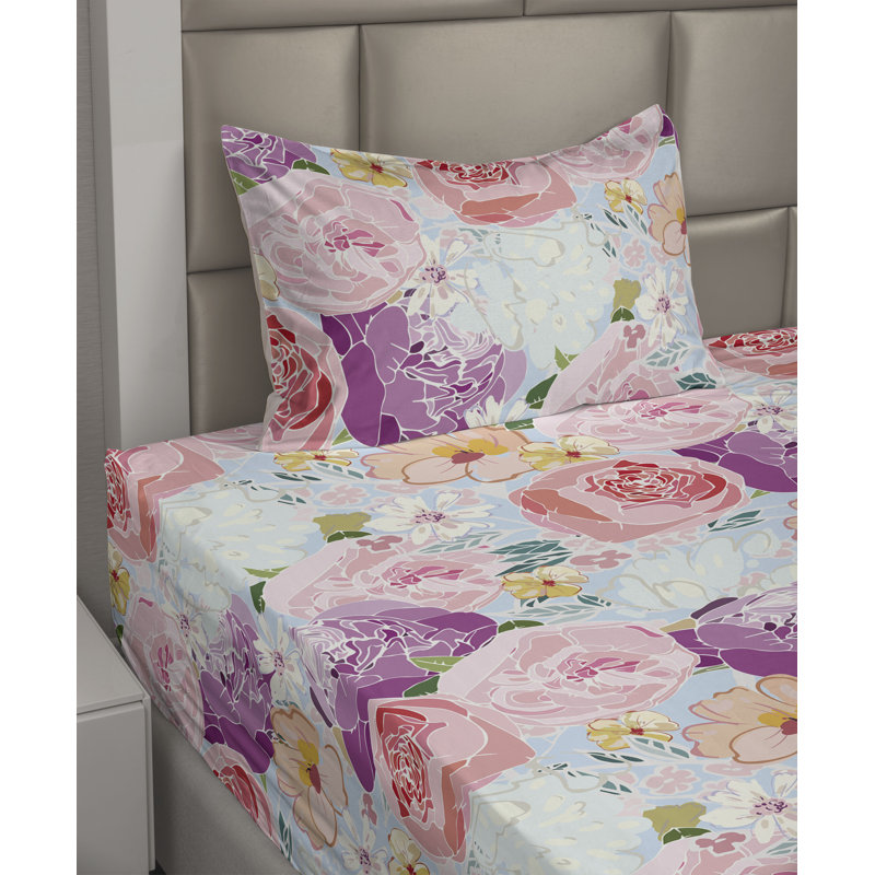 Ambesonne Watercolor Botany Sheet Set 4 Pcs Retro Boho Bloom, Pale Fuchsia Pale Pink Floral, Twin Sheet Set with 1 Pillowcase