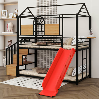 A Metal Twin-Over-Twin Bunk Bed Featuring A Slide And A Storage Staircase