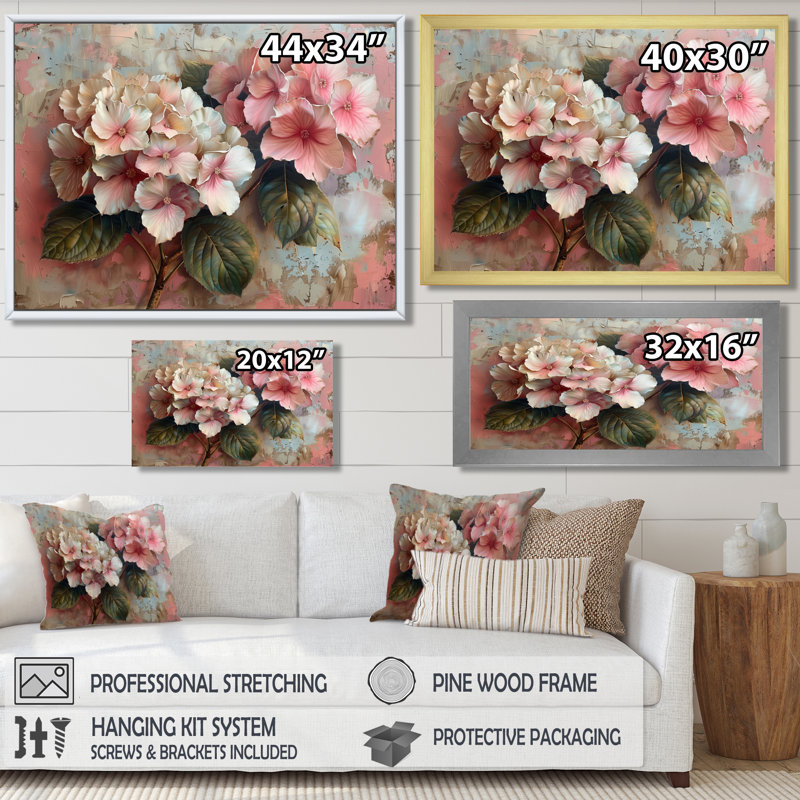 Pink Grey Hydrangea Country Charm III - Hydrangea Wall Decor, Wrapped Canvas, 12" H x 20" W