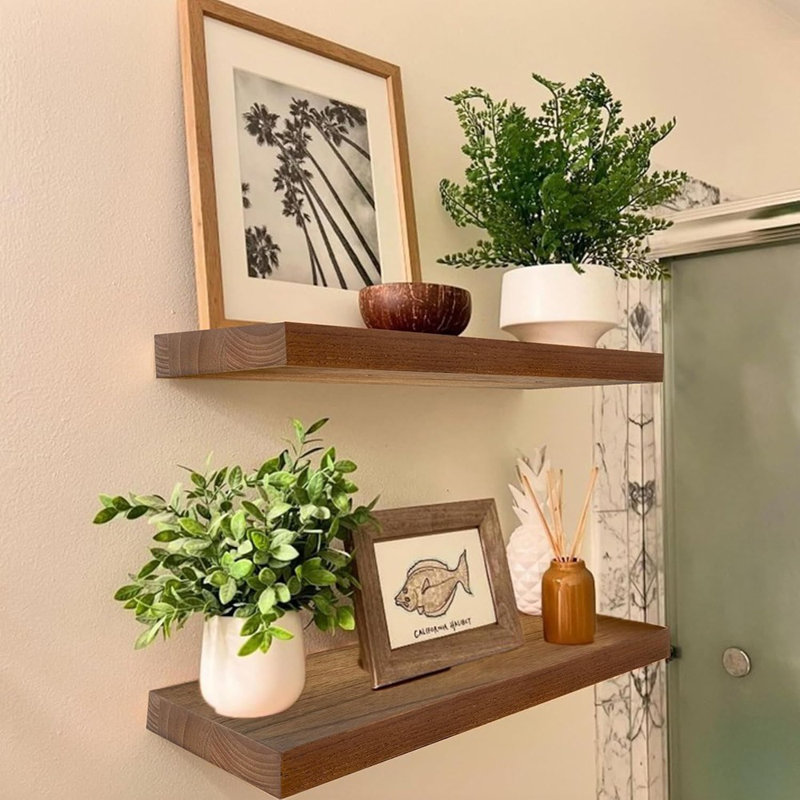 Walnut Floating Wall Shelves 16 Inch, Bathroom Shelves Wall Mounted,invisible Shelf Floating Kitchen Shelves,wooden Wall Shelving With Brackets For Living Room Wall Mounted,easy Install,set Of 2