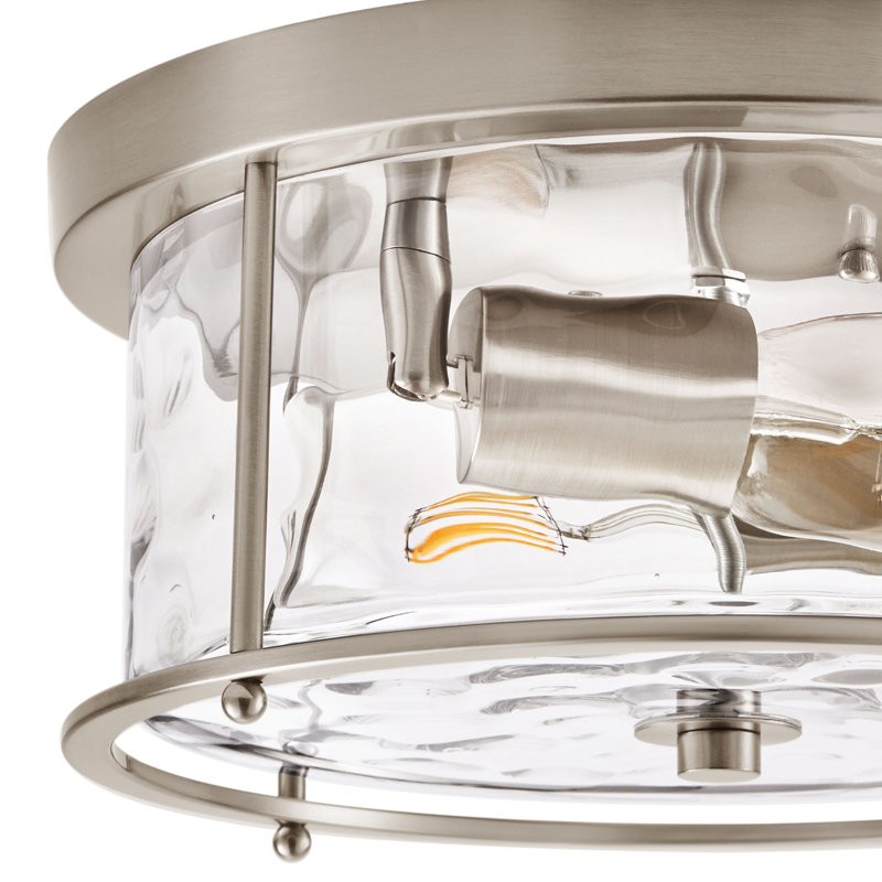 Alixandra 2-Light Flush Mount Hammered Glass Ceiling Light with Metal Frame, Brushed Nickel