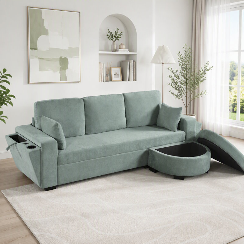 Canapé d'angle en chenille avec pouf de rangement, ports de chargement USB et porte-gobelets, Chenille bleu-vert