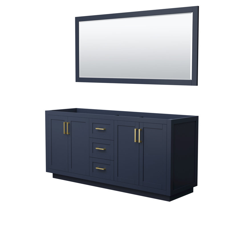 Base de meuble-lavabo double autoportant 71 po avec miroir 70 po Miranda, Bleu foncé / or brossé