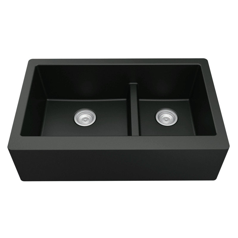 Karran Quartz 34'' X 21-1/4'' 60/40 Double Bowl Farmhouse/Apron Front Kitchen Sink Kit, Black
