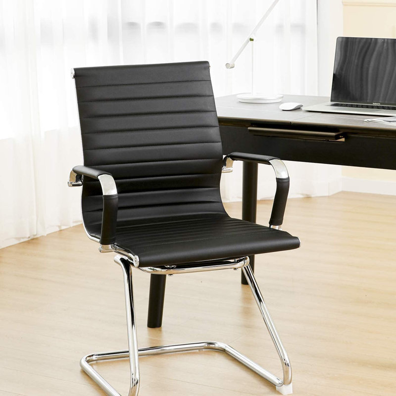 Black Faux Leather Reception Chair with Silver Metal Frame