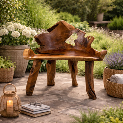 Burruss Teak Root Chair Handmade Rustic Wooden Accent Chair Statement Natural Wood Seat For Garden