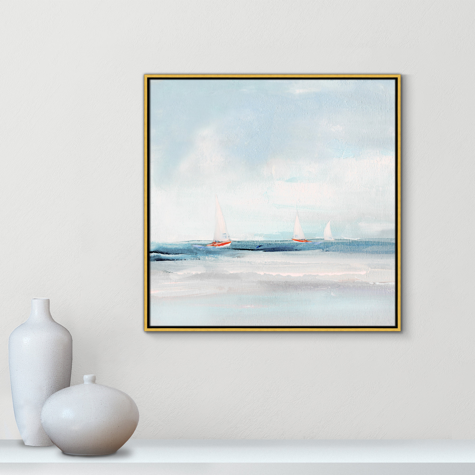 Caribbean Sail by Sally Swatland - Floater Frame Print on Canvas, 31.5" H x 31.5" W x 2" D, Gold