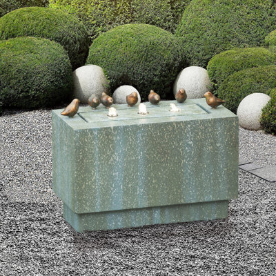 Gracie Oaks 18'' H Bird Bath Outdoor Water Fountain with LED Lights, Rectangular Polyresin Garden Fountain with Adjustable Flow