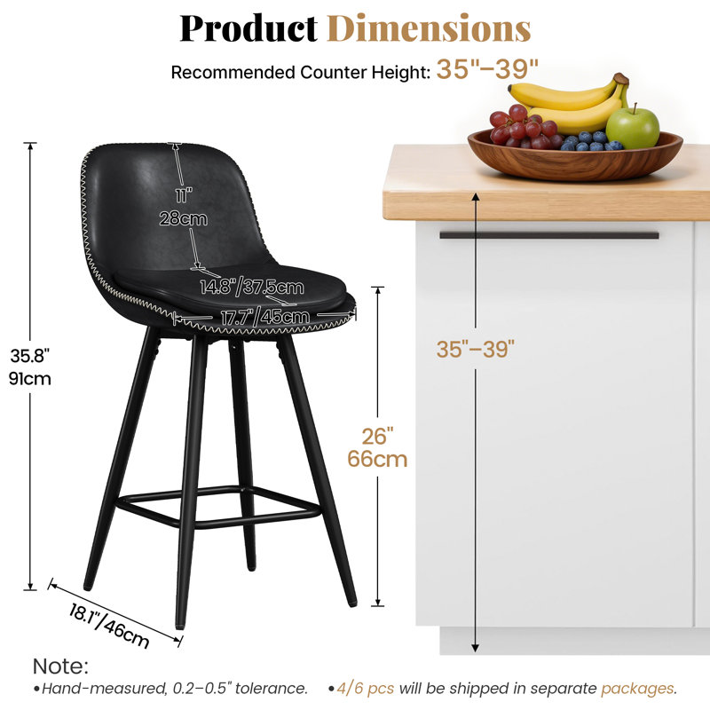 Tabouret de bar 26 po à hauteur de comptoir avec coussin double épaisseur, structure en métal et repose-pieds, tabouret de comptoir pour îlot de cuisine en similicuir