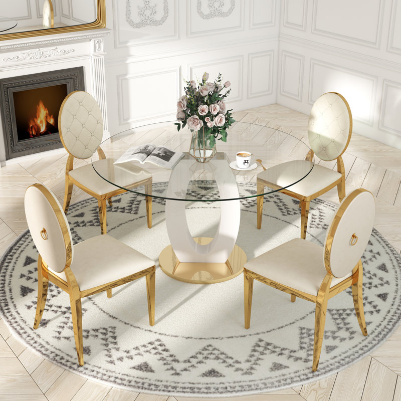 Modern Round Tempered Glass Pedestal Dining Set with Velvet Tufted Dininig Chair, White/Gold, Beige/Gold