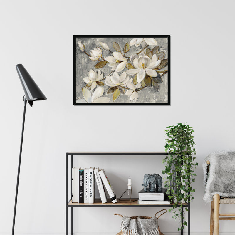 Magnolia Simplicity Neutral Grey by Silvia Vassileva - Painting, 55cm H x 80cm W, Black Framed Paper Print