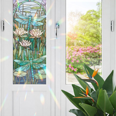 Film décoratif pour vitres effet vitrail libellule, pellicule pour vitres effet vitrail libellule pour porte de douche/salle de bain, protection contre la chaleur et les UV
