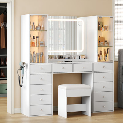 Makeup Vanity With Charging Station, Vanity Desk With LED Mirror & 2 Glass Cabinet, 3 Color Modes, Brightness Adjustable, 12 Drawers Vanity Set With G by FUSOU