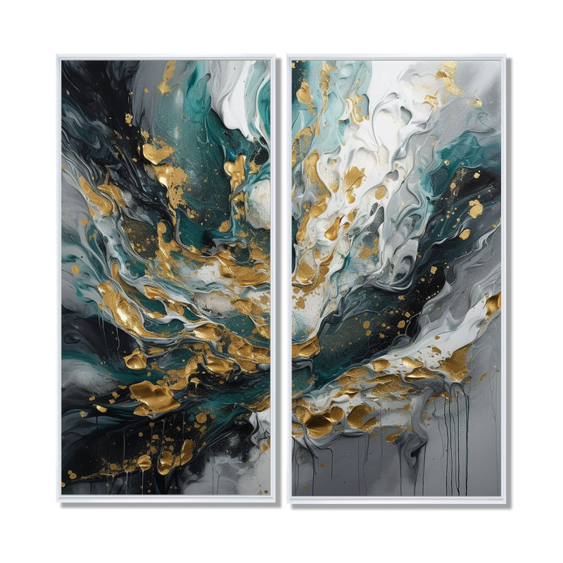 Encre dorée sarcelle sur pierre - reproductions d'art abstrait sur toile, 20" H x 24" W, Impression encadrée flottante, White