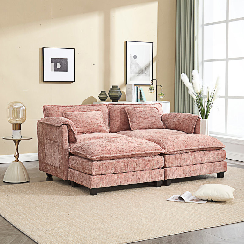 Zuri Upholstered 2-Seater Sectional Sofa with Ottomans, Pink Chenille