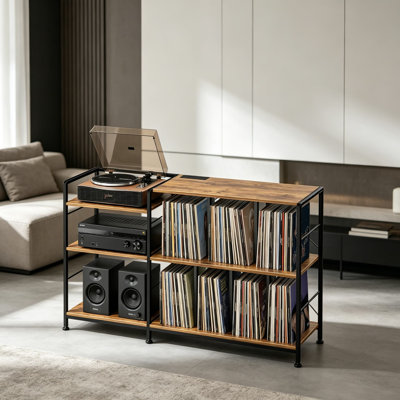 Record Player Stand with Vinyl Storage for 500 Albums, Turntable Stand with Power Outlet, 3-Tier Industrial Audio Rack with FSC Certified Wood, Large Entertainment Shelf for Living Room Bedroom