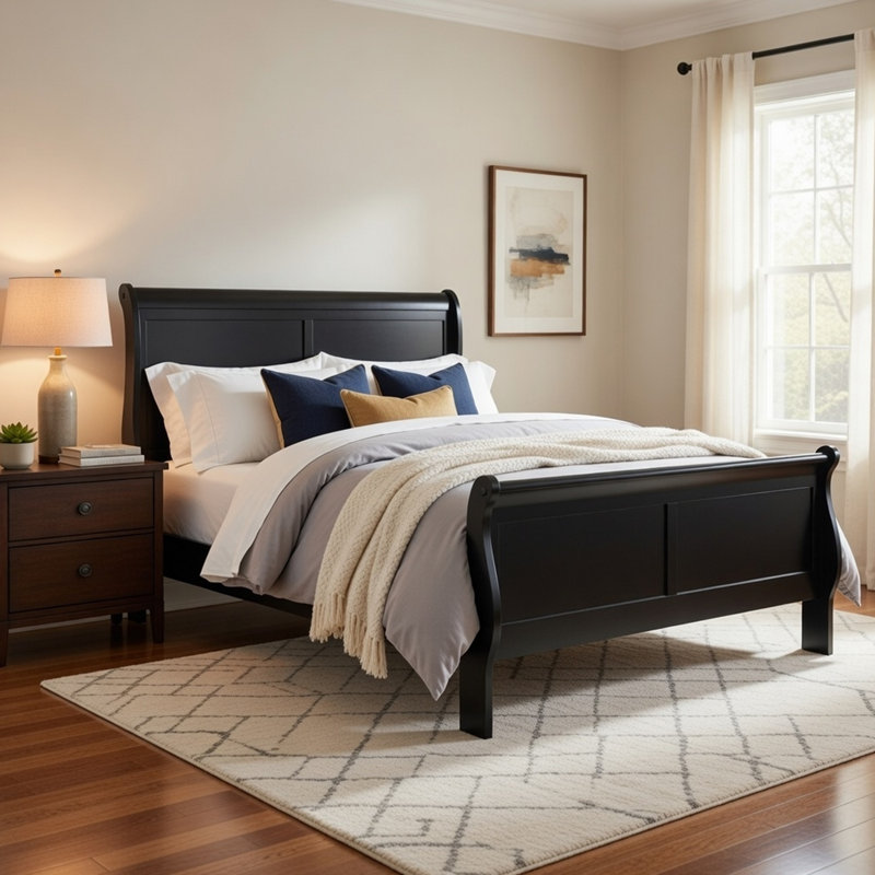 Lit-bateau pleine grandeur Vele, style Louis Philippe, noir bruni, Lit double, Noir