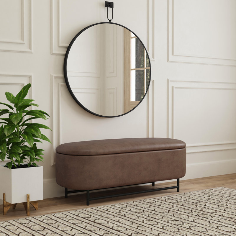 Brown Faux Leather Ellipse Storage Bench with Metal Legs