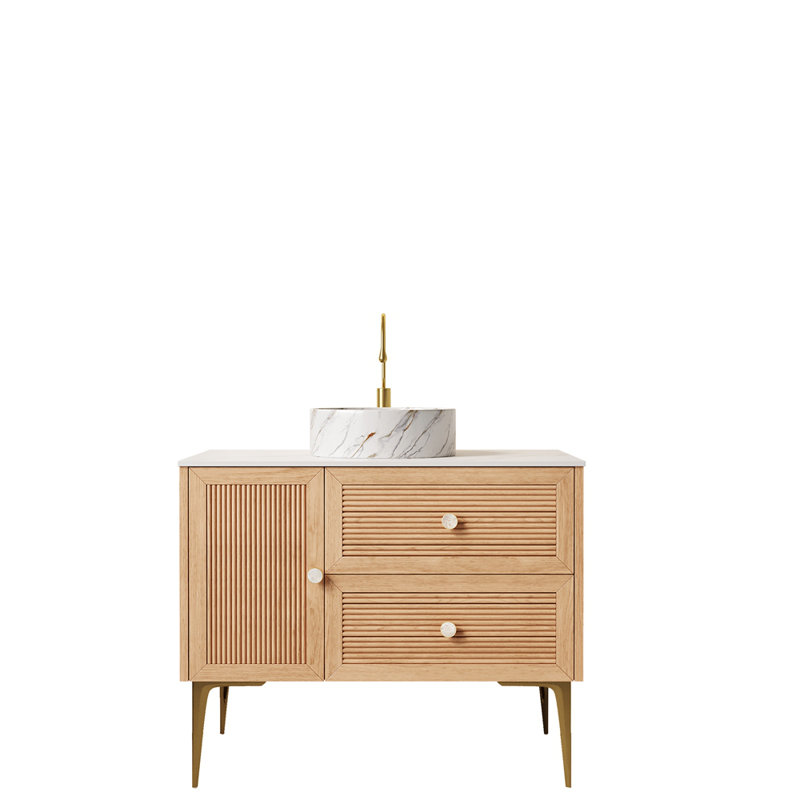 Meuble-lavabo de salle de bain 36 po avec lavabo MUNIN, armoire de rangement autoportante en contreplaqué avec 4 pieds en métal, porte et 2 tiroirs, lavabo en céramique blanche avec motif en pierre, sans robinet, préassemblé, couleur grain de bois de chêne
