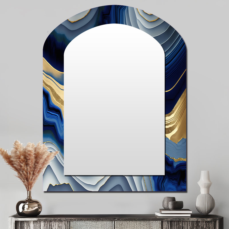 «Vibrant Blue and Gold Flow Art I» - Miroir mural décoratif asymétrique transitionnel, 43 po x 33 po