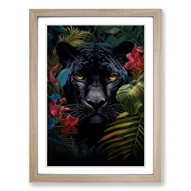 Panther Symbolism - Single Picture Frame Print on Wood, Oak Framed, 46cm H x 34cm W