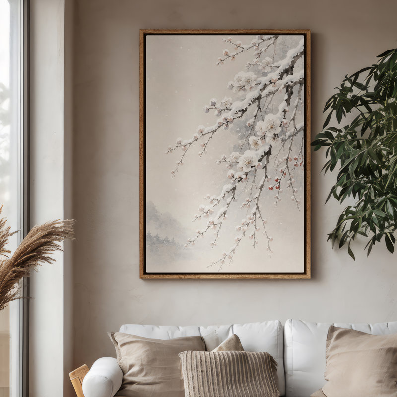 Framed Canvas Wall Art - Serene Snowy Blossom Branches in Misty Landscape - 16"x24", 24"x36", 24" H x 16" W, Natural