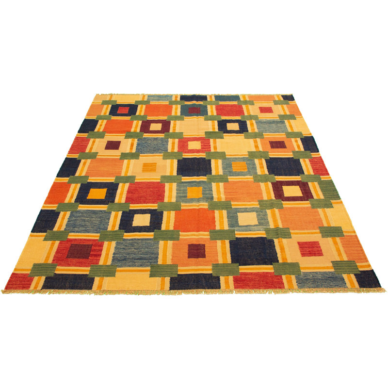 Tapis de zone en laine orange/vert/bleu 8 pi 2 po x 10 pi anatolian one-of-kind à la main noué la new age