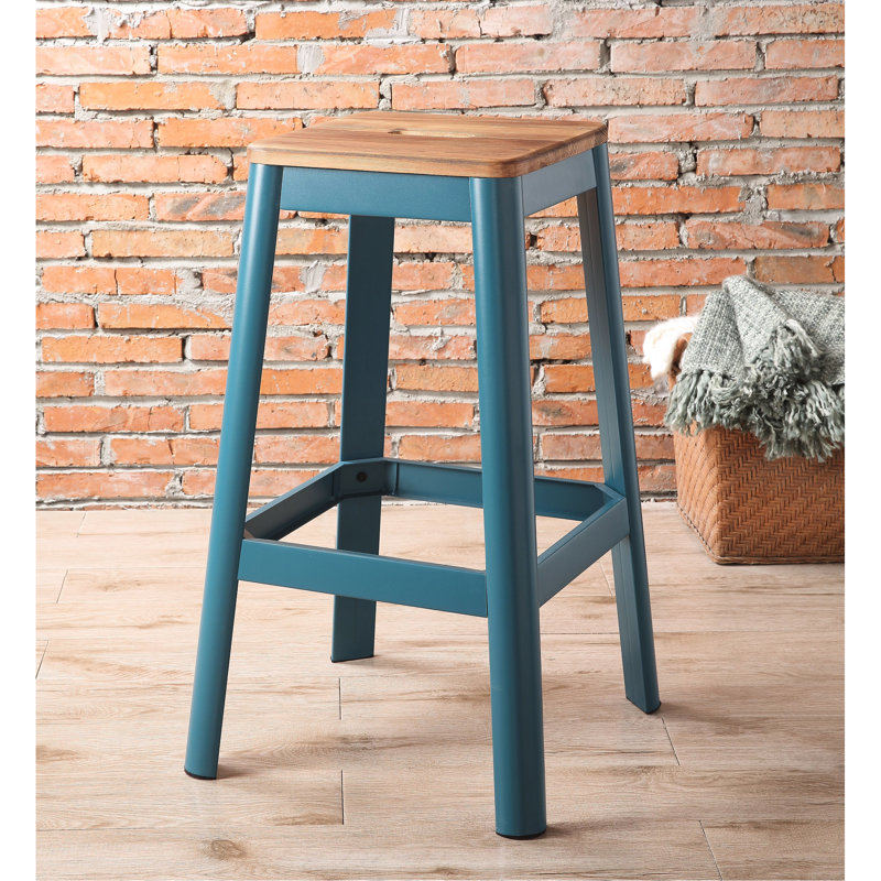 Tabouret de bar carré à finition sarcelle avec siège en pin massif naturel, pieds tubulaires en métal, largeur de produit de 18 po et profondeur de siège sans dossier de 13 po, hauteur de 30 po