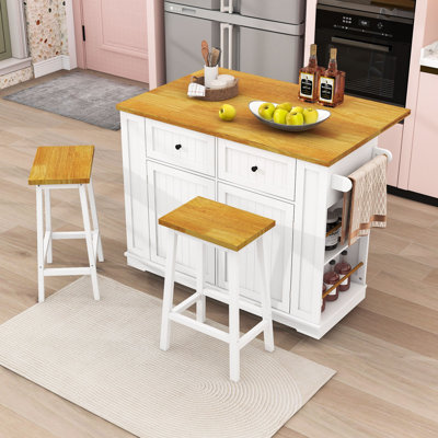 Farmhouse 3-Piece Kitchen Island Set with Drop Leaf, Spacious Storage and Built-in Charging Station